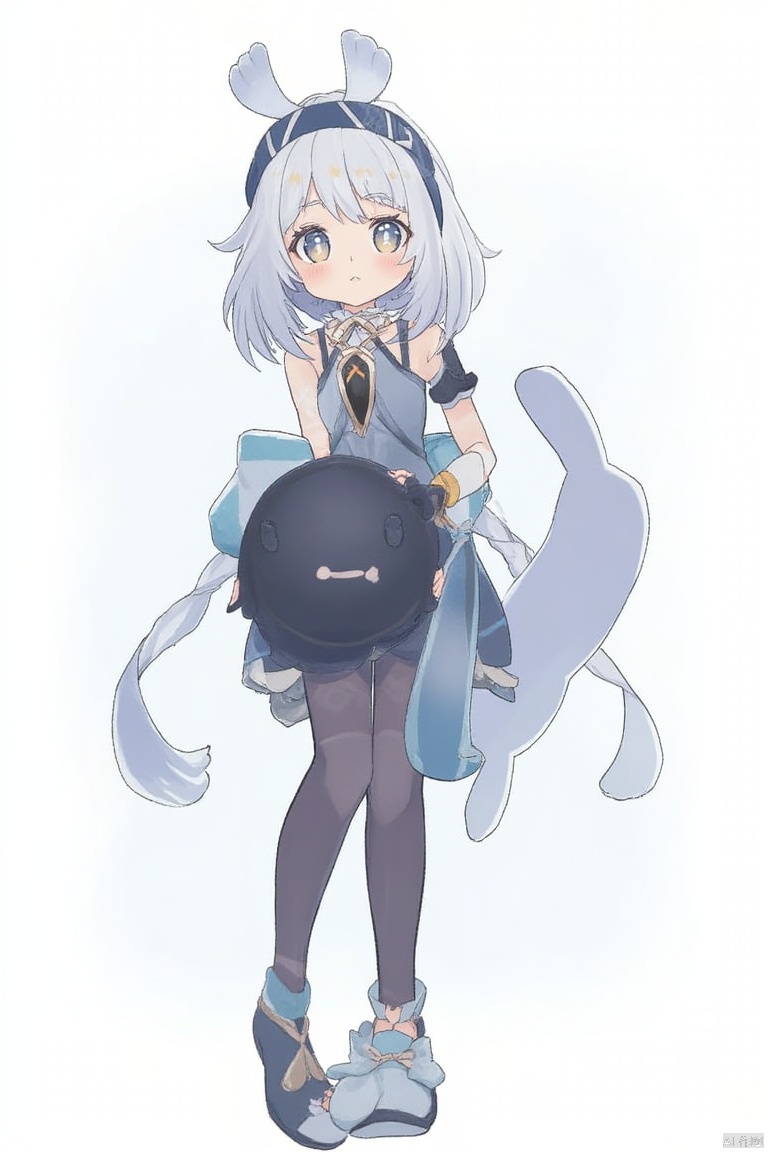 1girl, 

mualani,mualani (genshin impact), genshin impact, 

transparent background, looking ahead, jitome, pantyhose, hair tubes, grey hair, grey eyes, black footwear, longcat (meme), dress, black dress, long hair, solo, holding, hat, black pantyhose, meme, ahoge,

masterpiece, newest, absurdres, safe