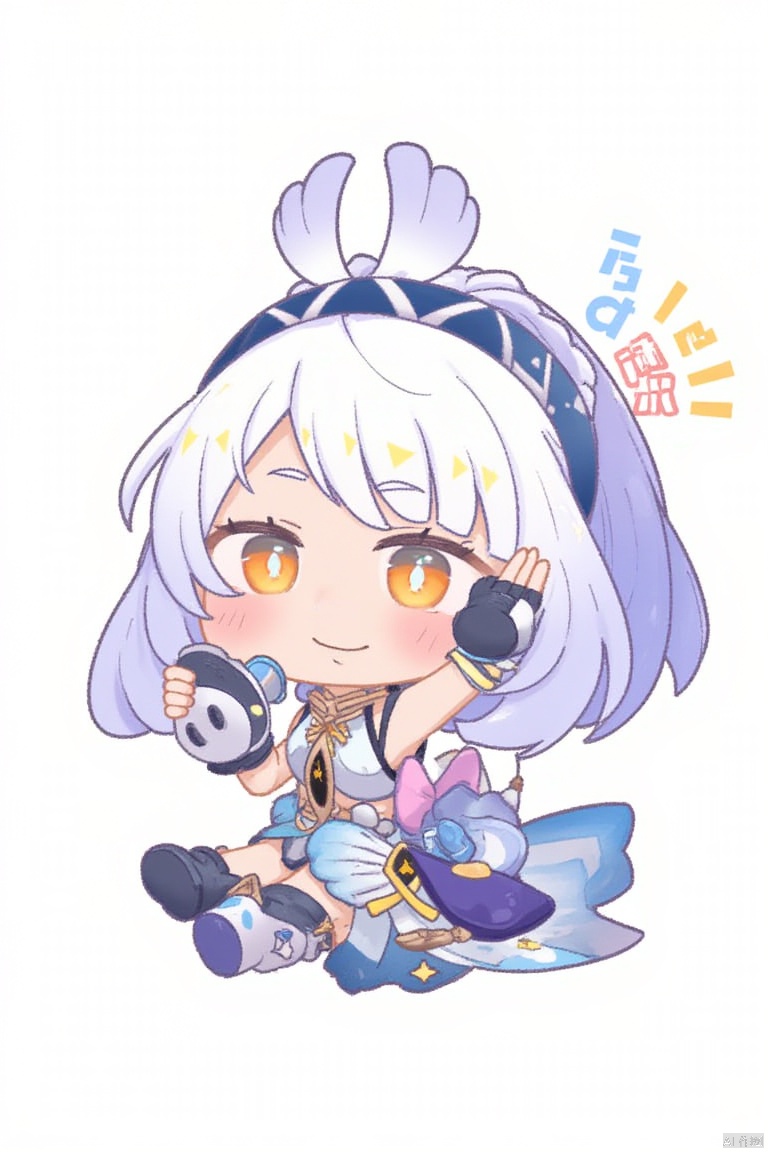 1girl, 

mualani,mualani (genshin impact), genshin impact, 

white background, chinese text, puffy detached sleeves, elbow gloves, dress, chibi, holding hair, crown, megaphone, white hair, copyright notice, arm up, ahoge, blunt bangs, wariza, boots, holding megaphone, thigh boots, long hair, detached collar, black gloves, low twintails, yellow eyes, detached sleeves, no heterochromia, purple bow, looking up, sitting, blue footwear, microdress, parted lips, gown, bow, holding, puffy sleeves, gloves, collar, virtual youtuber, simple background, full body, dot nose, hair bow, solo, arm behind head,

masterpiece, newest, absurdres, safe