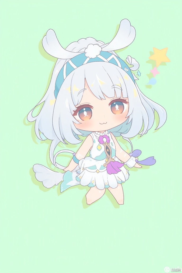 1girl, 

mualani,mualani (genshin impact), genshin impact, 

star (symbol), hairband, paw print, green background, cat ears, tail ornament, green bow, white dress, chibi, taurus (constellation), animal ears, light green hair, looking at viewer, off shoulder, brown eyes, copyright notice, purple flower, :d, ahoge, constellation, hair flower, cancer (constellation), star print, leo (constellation), hair bun, animal ear headwear, aries (constellation), barefoot, lepus (constellation), open mouth, tail, sleeveless dress, scrunchie, white hairband, white flower, sleeveless, white pupils, grey hair, cat ear hairband, tail bow, smile, blush stickers, chinese knot, bow, off-shoulder dress, solo, blush, virtual youtuber, aqua scrunchie, bright pupils, triangle, wrist scrunchie, full body, parted bangs, flower, bare shoulders, monocle, fake animal ears, medium hair, hair ornament, collarbone, animal ear hairband,

masterpiece, newest, absurdres, safe