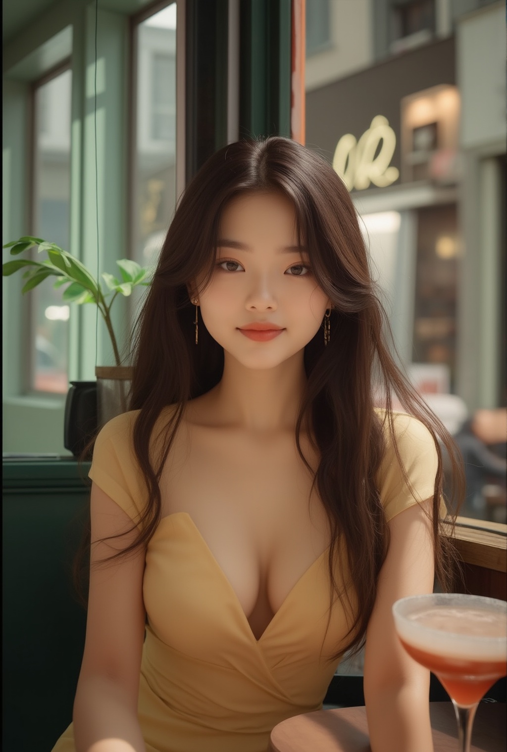 Photo of a beautiful girl in a cafe,20yo,K-pop girl,ulzzang,exquisite face,soft shiny skin,long hair naturally flowing over shoulder,gentle smile,elegant dress,[modern green,hazel brown and cream colors],backdrop of city street cafe,window,table,cocktail,bottle,flower,masterpiece,best quality,realistic,detailed,sharp focus,high contrast,rule of thirds,chiaroscuro lighting, ek_real_b00ster,ek_art_b00ster,ek_an1_b00ster