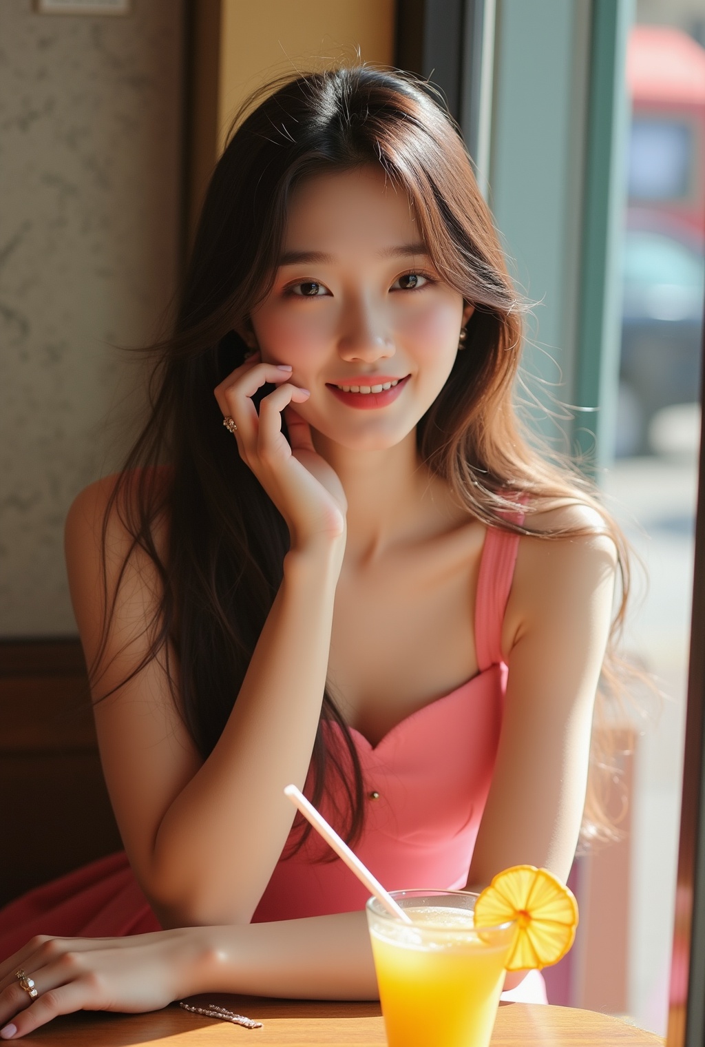 Photo of a beautiful girl in a cafe,20yo,K-pop girl,ulzzang,exquisite face,soft shiny skin,long hair naturally flowing over shoulder,gentle smile,elegant dress,[pink and yellow colors],backdrop of city street cafe,window,table,cocktail,bottle,flower,masterpiece,best quality,realistic,detailed,sharp focus,high contrast,rule of thirds,chiaroscuro lighting,ek_real_b00ster