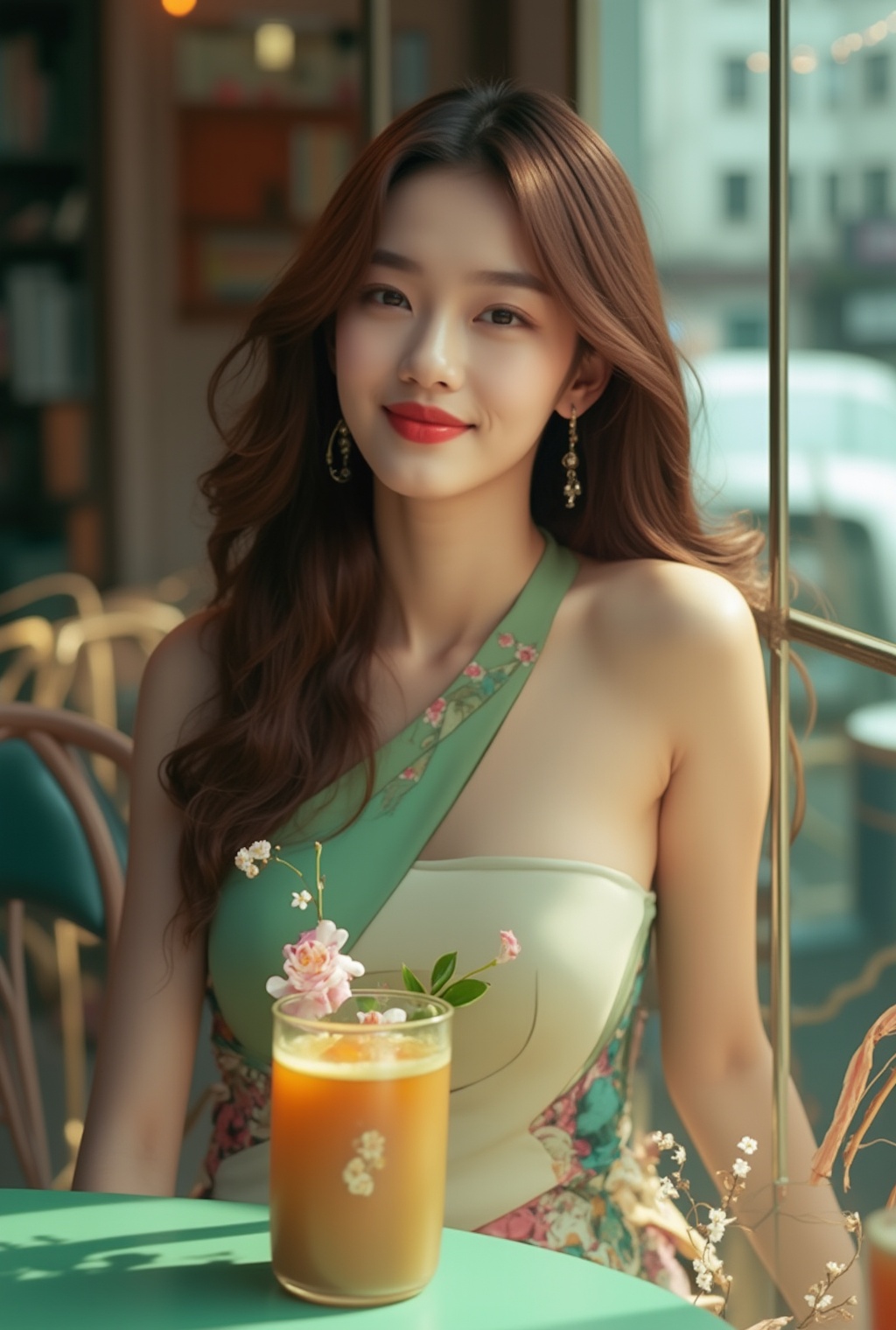 Photo of a beautiful girl in a cafe,20yo,K-pop girl,ulzzang,exquisite face,soft shiny skin,long hair naturally flowing over shoulder,gentle smile,elegant dress,[modern green,mint and cream colors],backdrop of city street cafe,window,table,cocktail,bottle,flower,masterpiece,best quality,realistic,detailed,sharp focus,high contrast,rule of thirds,chiaroscuro lighting, ek_real_b00ster,ek_art_b00ster,ek_an1_b00ster