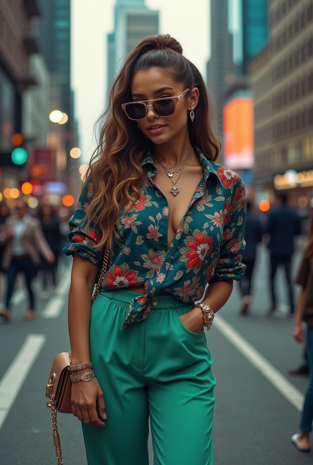 Photo of a beautiful girl,Ariana Grande,20yo,pop star look,detailed exquisite face,soft shiny skin,perfect female form,looking at viewer,Sunglasses, Bustling city street, skyscrapers, people, traffic, street lights, Vibrant colors,Rose Gold,Deep Navy and Mint Green colors,sleek lines,simple blouse and trousers,loafers,delicate jewelry, masterpiece,best quality,realistic,detailed,sharp focus,high contrast,rule of thirds,chiaroscuro lighting,ek_real_b00ster