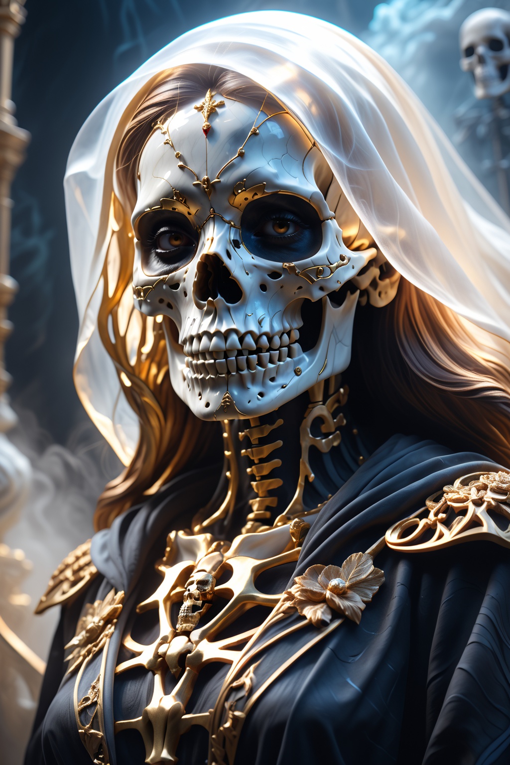 close up ultra detailed marble and gold sculpture of a female necromancer,  (skeleton face),  volumetric fog on Tensor.Art