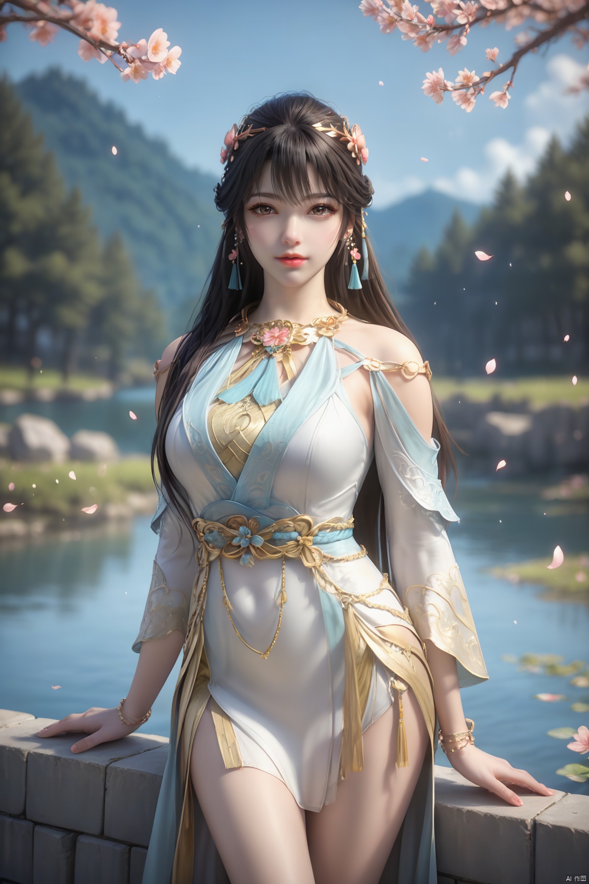 masterpiece,best quality,official art,extremely detailed CG unity 8k wallpaper,realistic,light rays,light particles,
1girl,solo,full body,jewelry,brown_eyes,realistic,lips,long_hair,black_hair,looking_at_viewer,
blue sky,white clouds,depth of field,blurred background,simple_background,minimalism,outdoor,open country,stream,lake,flowers fall,peach blossom,
looking at viewer,cowboy shot,byr