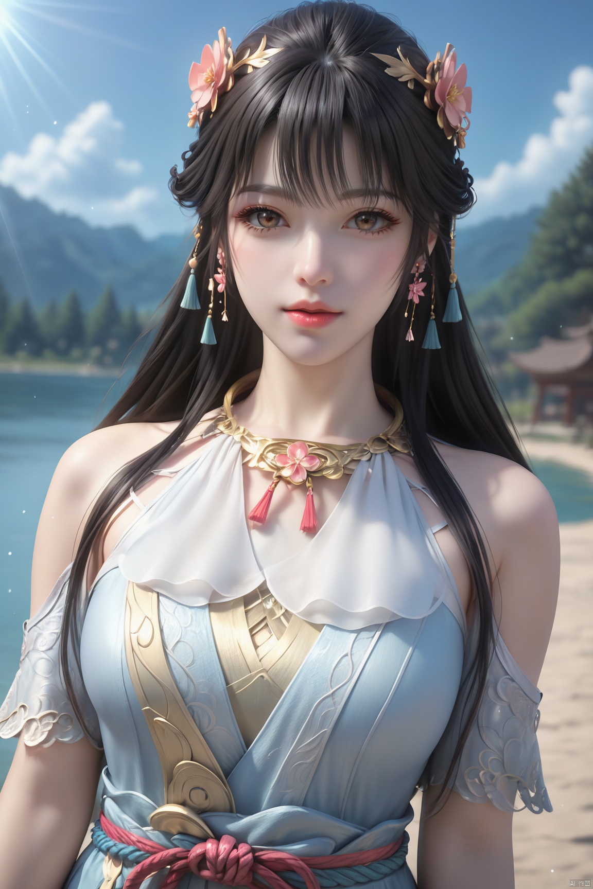 masterpiece,best quality,official art,extremely detailed CG unity 8k wallpaper,realistic,light rays,light particles,
1girl,solo,jewelry,brown_eyes,realistic,lips,long_hair,black_hair,looking_at_viewer,
blue sky,white clouds,depth of field,blurred background,simple_background,minimalism,outdoor,open country,stream,lake,flowers fall,peach blossom,
looking at viewer,cowboy shot,byr