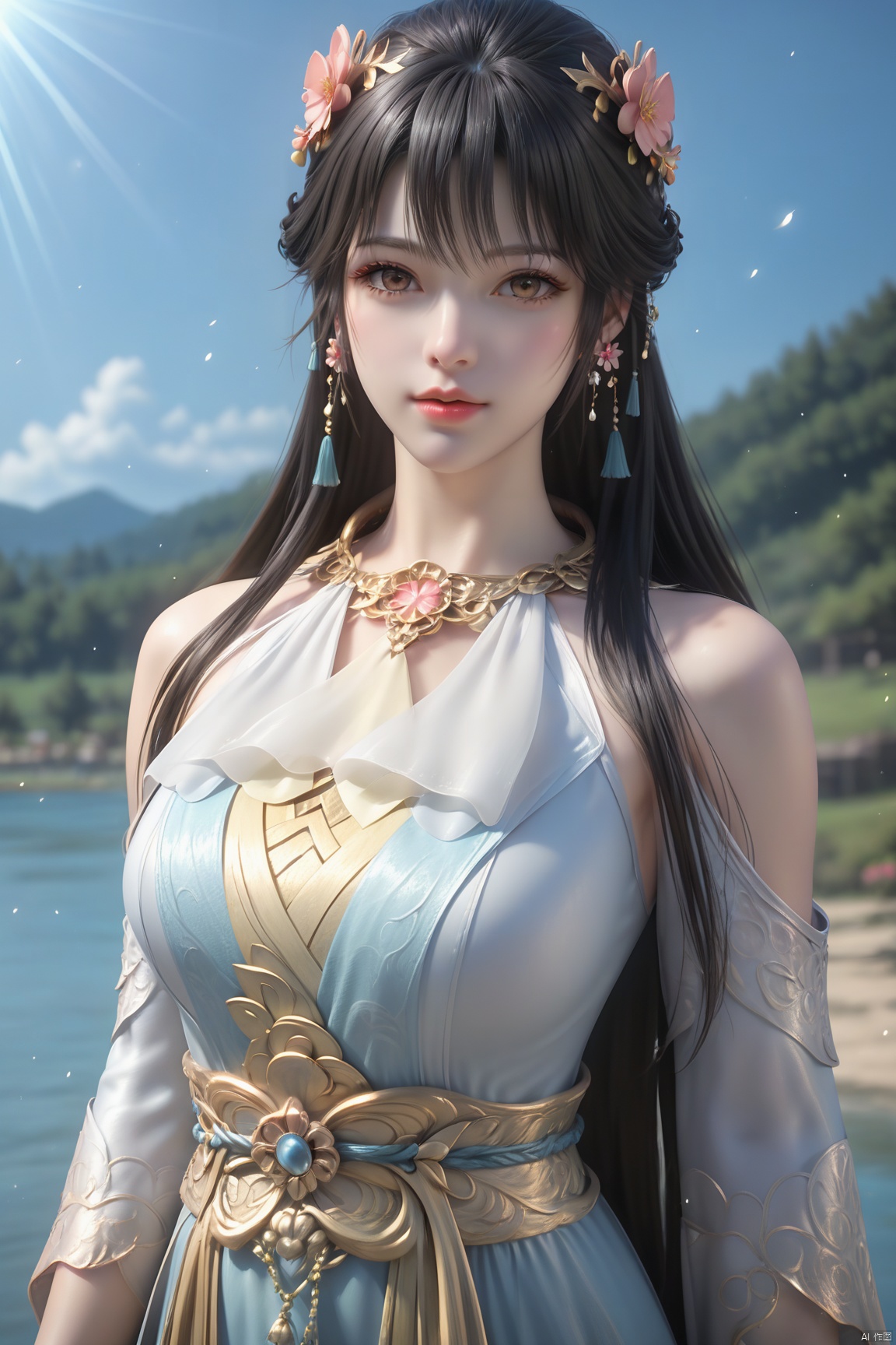 masterpiece,best quality,official art,extremely detailed CG unity 8k wallpaper,realistic,light rays,light particles,
1girl,solo,jewelry,brown_eyes,realistic,lips,long_hair,black_hair,looking_at_viewer,
blue sky,white clouds,depth of field,blurred background,simple_background,minimalism,outdoor,open country,stream,lake,flowers fall,peach blossom,
looking at viewer,cowboy shot,byr