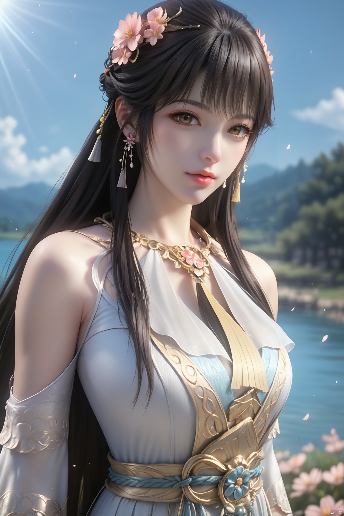 masterpiece,best quality,official art,extremely detailed CG unity 8k wallpaper,realistic,light rays,light particles,
1girl,solo,jewelry,brown_eyes,realistic,lips,long_hair,black_hair,looking_at_viewer,
blue sky,white clouds,depth of field,blurred background,simple_background,minimalism,outdoor,open country,stream,lake,flowers fall,peach blossom,
looking at viewer,cowboy shot,byr