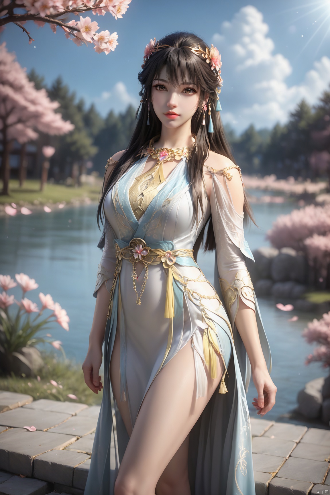 masterpiece,best quality,official art,extremely detailed CG unity 8k wallpaper,realistic,light rays,light particles,
1girl,solo,full body,jewelry,brown_eyes,realistic,lips,long_hair,black_hair,looking_at_viewer,
blue sky,white clouds,depth of field,blurred background,simple_background,minimalism,outdoor,open country,stream,lake,flowers fall,peach blossom,
looking at viewer,cowboy shot,byr