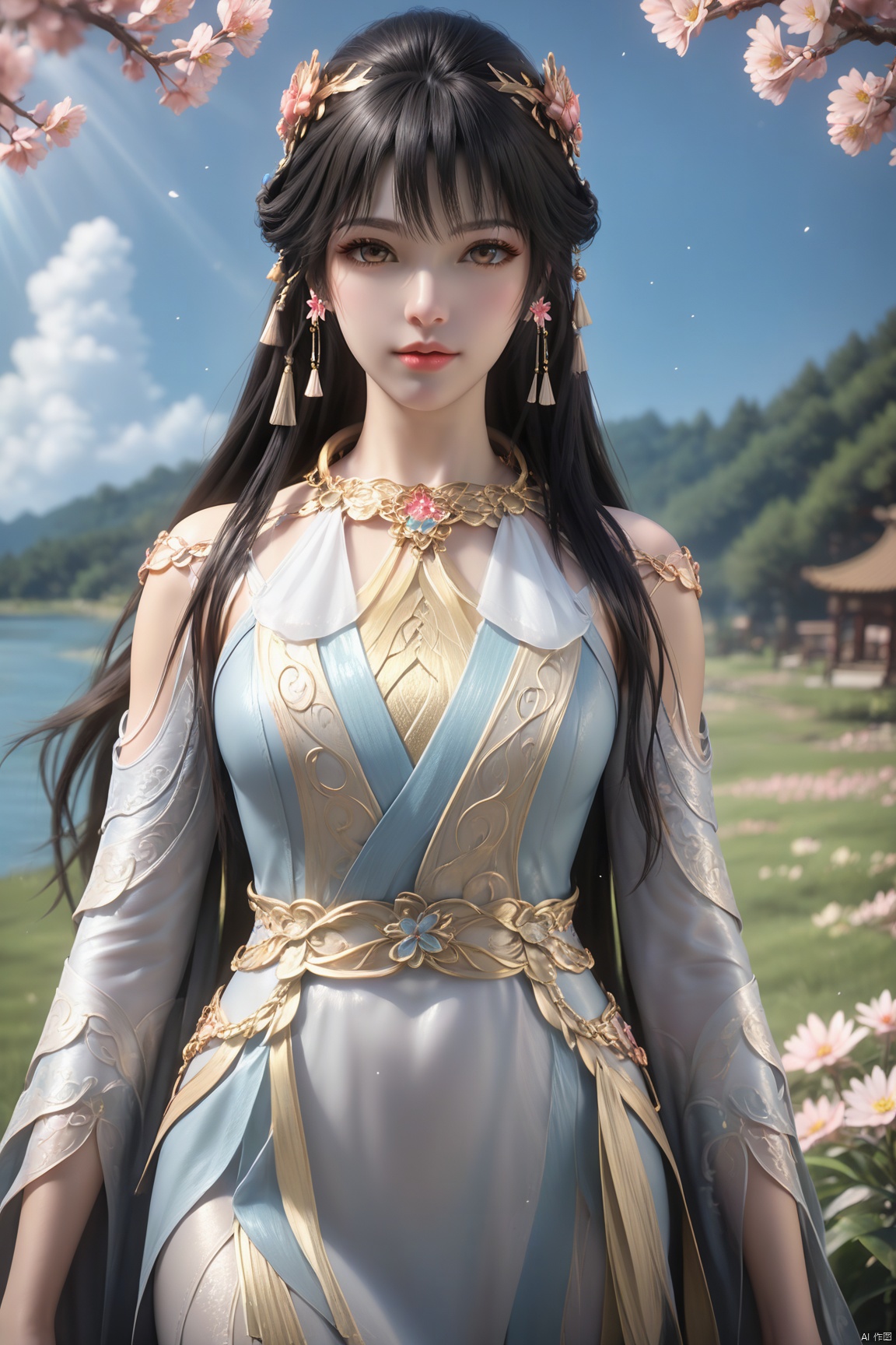 masterpiece,best quality,official art,extremely detailed CG unity 8k wallpaper,realistic,light rays,light particles,
1girl,solo,jewelry,brown_eyes,realistic,lips,long_hair,black_hair,looking_at_viewer,
blue sky,white clouds,depth of field,blurred background,simple_background,minimalism,outdoor,open country,stream,lake,flowers fall,peach blossom,
looking at viewer,cowboy shot,byr