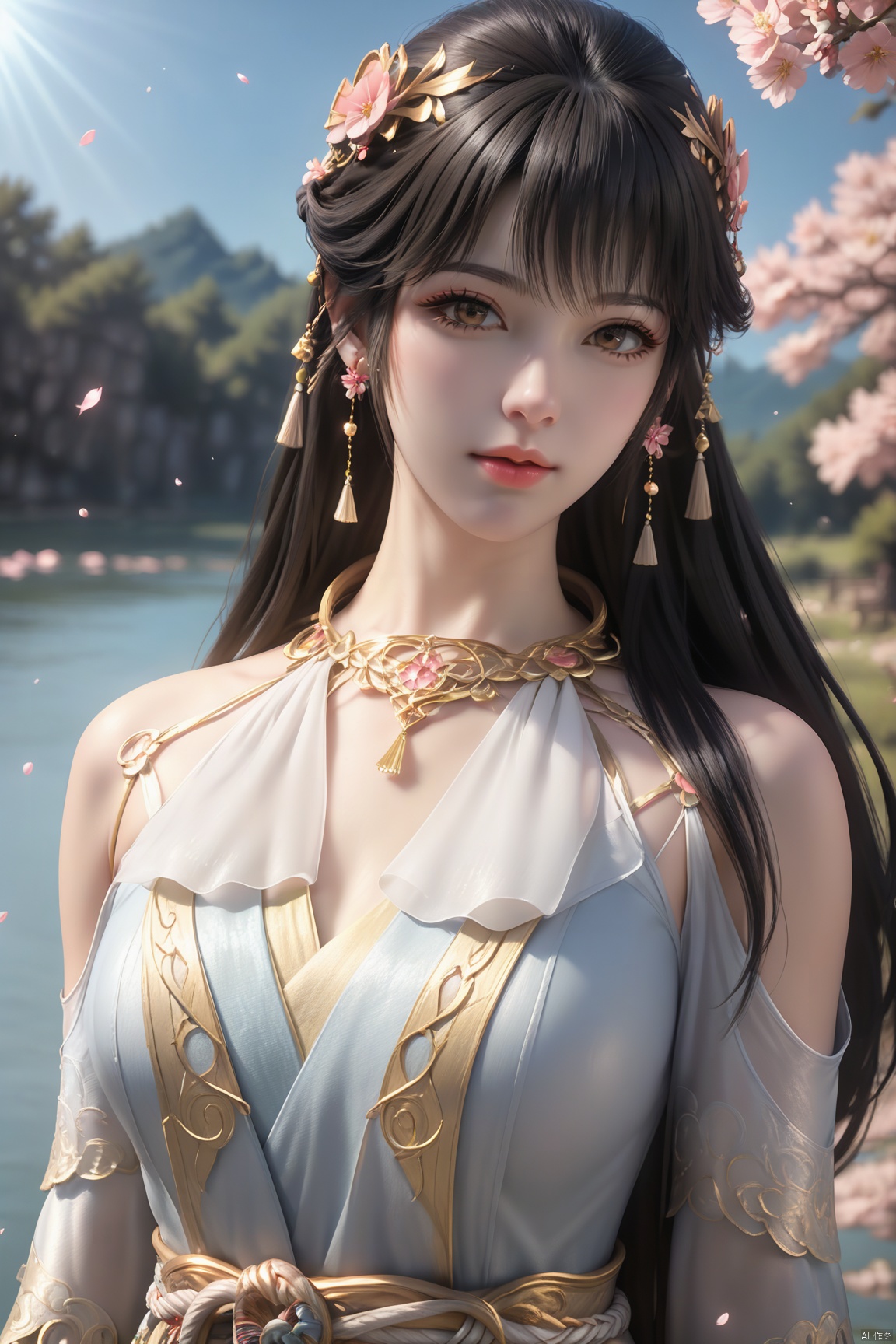 masterpiece,best quality,official art,extremely detailed CG unity 8k wallpaper,realistic,light rays,light particles,
1girl,solo,jewelry,brown_eyes,realistic,lips,long_hair,black_hair,looking_at_viewer,
blue sky,white clouds,depth of field,blurred background,simple_background,minimalism,outdoor,open country,stream,lake,flowers fall,peach blossom,
looking at viewer,cowboy shot,byr