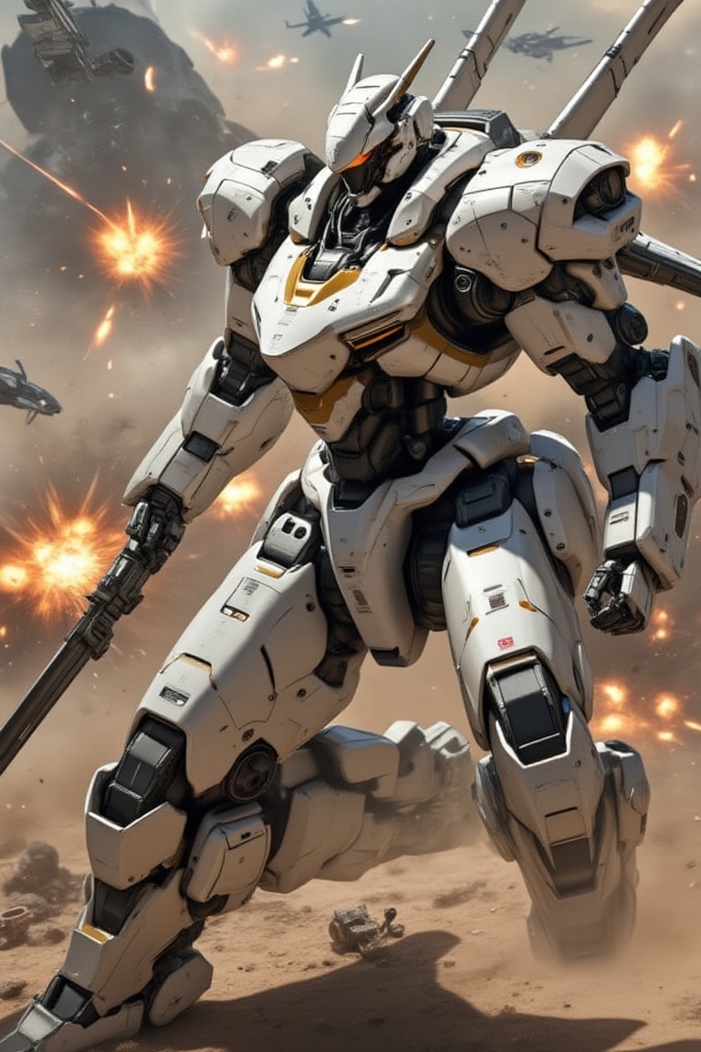 Create a stunning digital art masterpiece featuring a single giant mech robot in a dynamic running pose holding a sword. T...