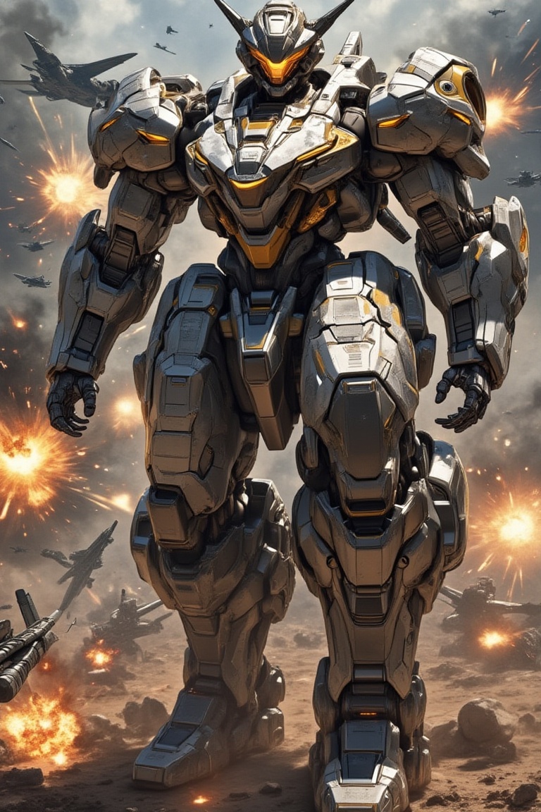 Epic Battle Royale: Majestic Mech Warrior A colossal mech robot stands victorious,  its metallic armor glistening with int...