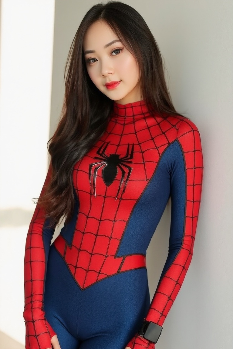 a stunning Korean woman dressed in a Sexy Spiderman Costume. Natural lighting casts a warm glow on her porcelain skin,  bl...