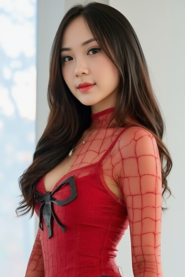 a stunning Korean woman dressed in a Sexy Spiderman Costume. Natural lighting casts a warm glow on her porcelain skin,  bl...