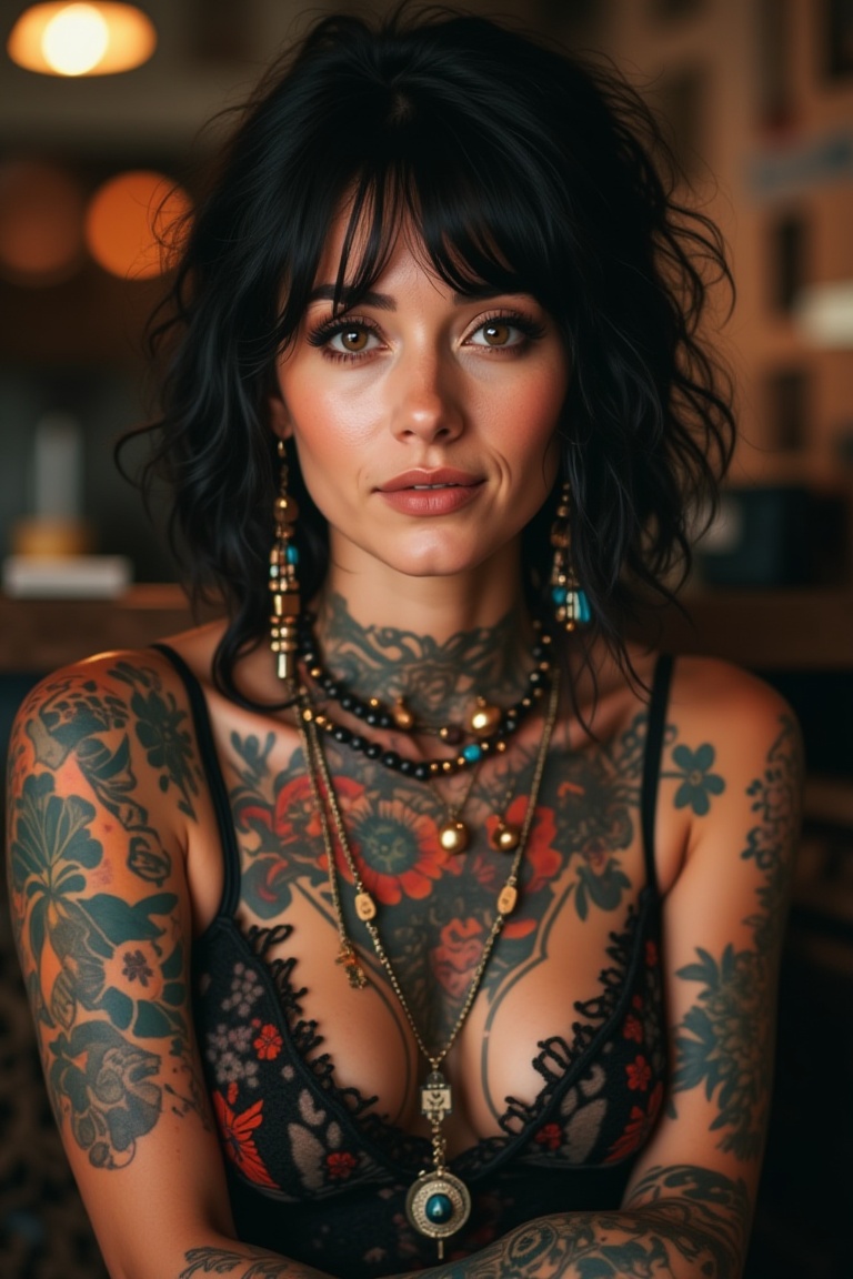 Photorealistic photography of a tattooed beauty, a 40 years old woman with black hair, adorned with bohemian accessories, in a softly lit environment.
,PatternMix,