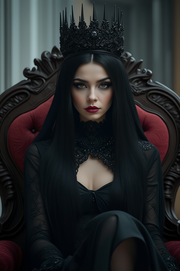 goth girl,  A young woman with a striking black crown and a regal demeanor,  sitting on a throne-like chair with a hint of...