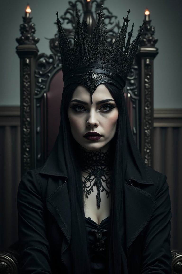 goth girl,  A young woman with a striking black crown and a regal demeanor,  sitting on a throne-like chair with a hint of...