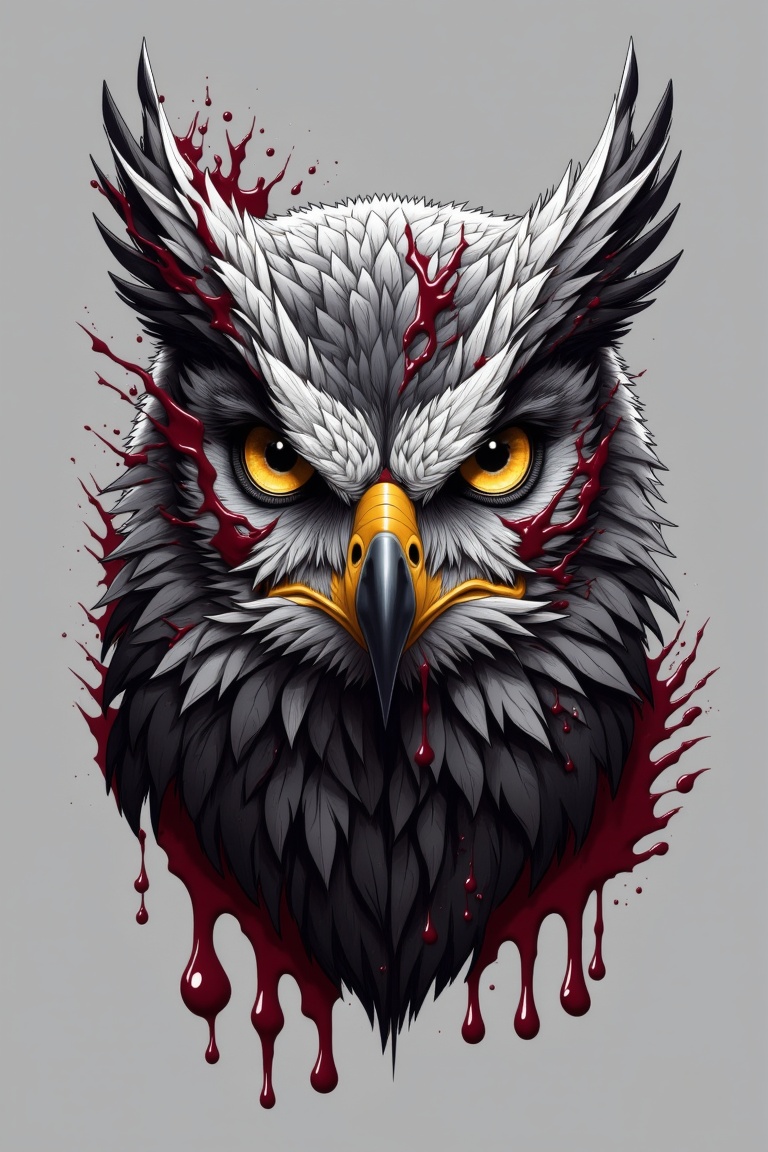fluxtration,illustration, no humans, bird, animal focus, grey background, blood, yellow eyes, solo, simple background