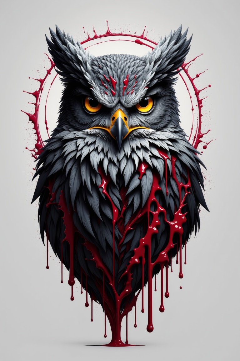 fluxtration,illustration, no humans, bird, animal focus, grey background, blood, yellow eyes, solo, simple background