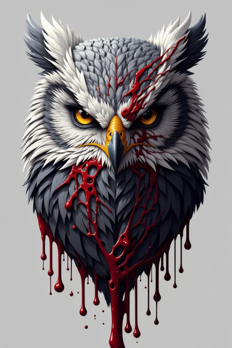 fluxtration,illustration, no humans, bird, animal focus, grey background, blood, yellow eyes, solo, simple background