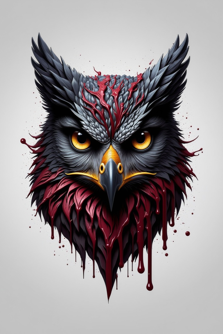 fluxtration,illustration, no humans, bird, animal focus, grey background, blood, yellow eyes, solo, simple background