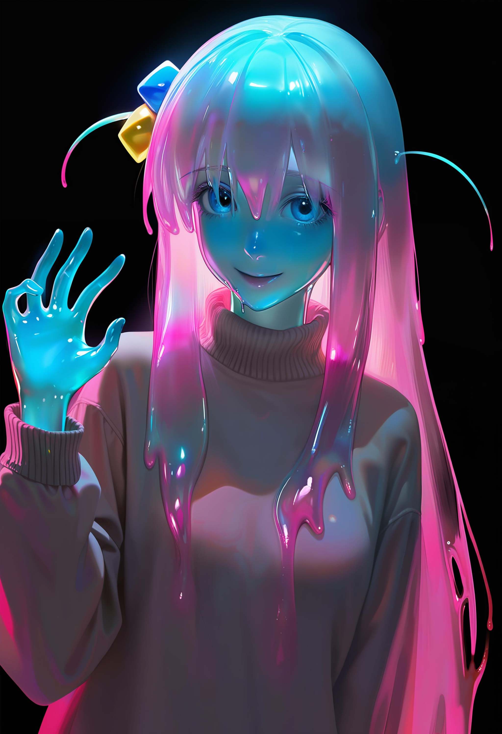realistic style, impasto style, high contrast, 1girl, slime girl, 1 goutou hitori, slime skin, sweater, transparent skin, solo, standing, upper body, smile, hand up, open hand, black background, beautiful color, amazing quality