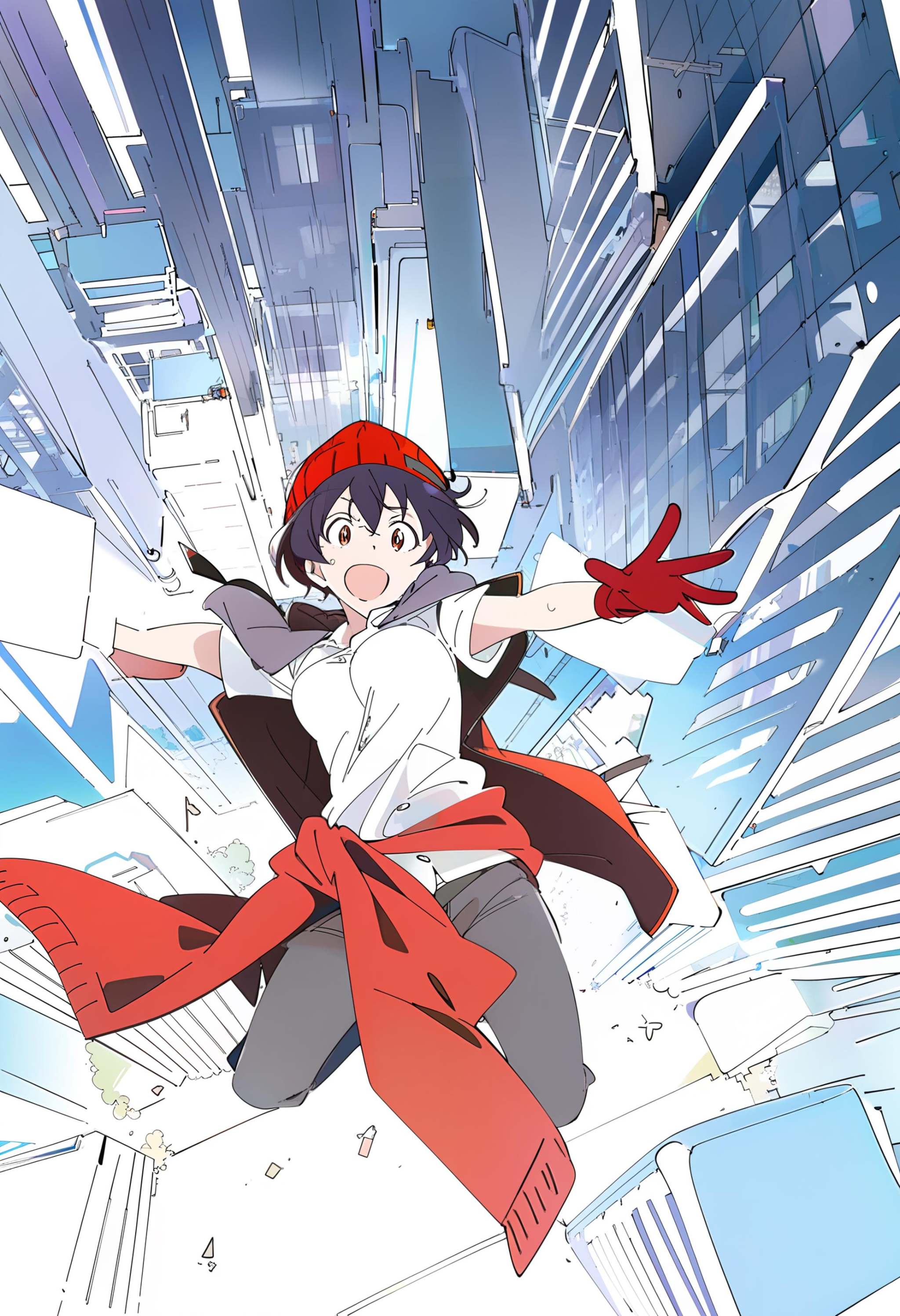 amazing quality, flat color style, by ixy, from above, 1 izumo fuuko, solo, nervous, red beanie, white shirt, red gloves, sleeves, jacket around waist, pants, outdoors, cityscape, falling down, reaching towards viewer, skyscraper
