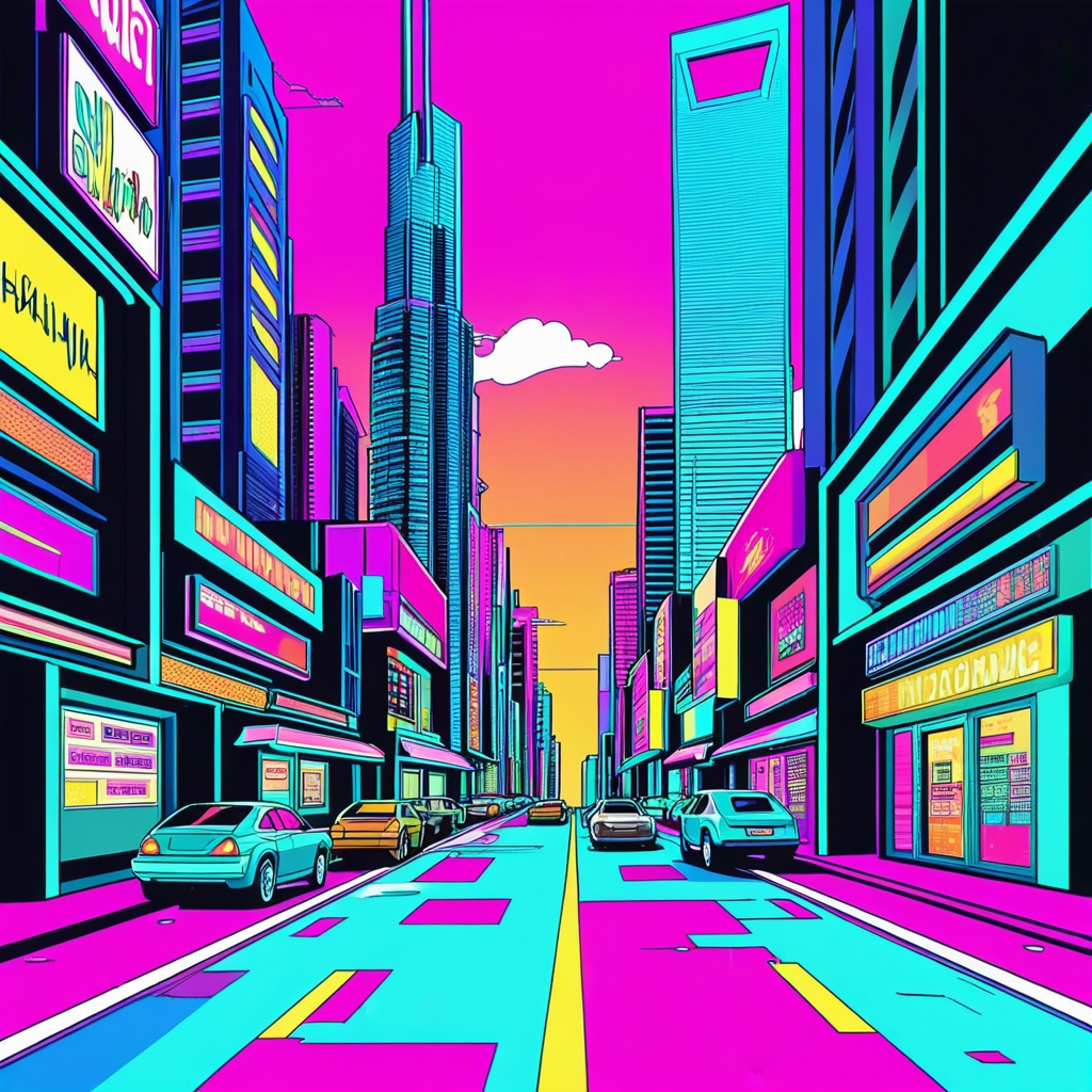 A dynamic drawing of a futuristic cityscape, skyscrapers with neon lights, perspective depth, and strong vanishing points. Background with cyberpunk aesthetics. High contrast, glowing effects, precise line shading, digital sketching, clean vector paths, futuristic design.