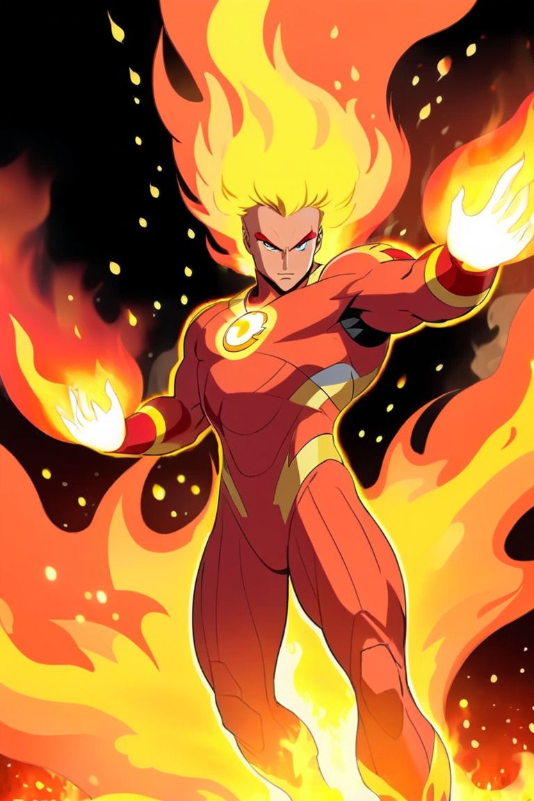 anime:1.9,  cartoon:1.9,  Imagine a dynamic scene featuring of iconic lady_human torch on Tensor.Art