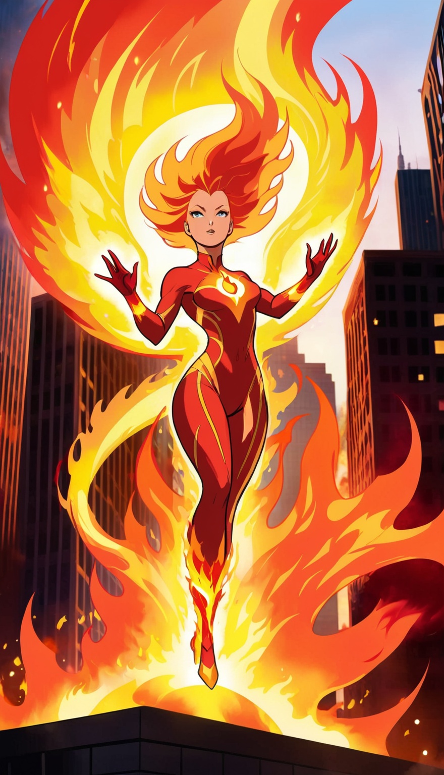 Against a smoldering cityscape at dusk,  Lady Human Torch stands tall,  her fiery locks ablaze as she radiates vitality. M...