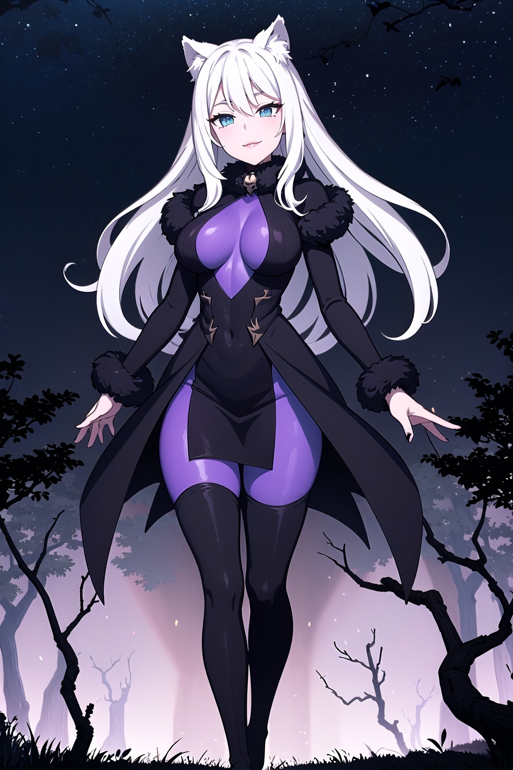 In a masterfully crafted photorealistic 4K image,  a stunning grey wolf girl stands amidst a cursed and evil forest. Her p...