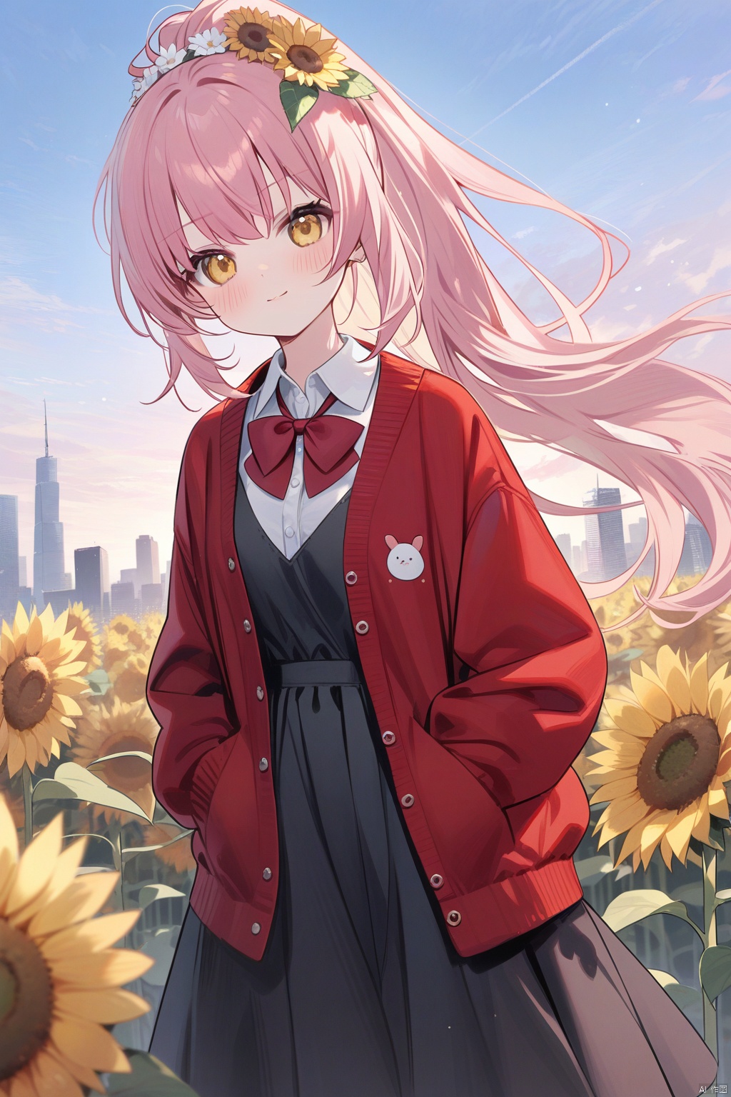 (masterpiece),(best quality),(loli：1.2),(petite:1.2),long hair,Pink hair,Yellow eyes, (red Jacket),high ponytail,white collared shirt,hair flower,fipped hair,floating hair,Frown,hands in pockets,black dress,red bowtie,(solo),sky, skyline, skyscraper, smile, solo, sunflower, tower, upper_body,white flower