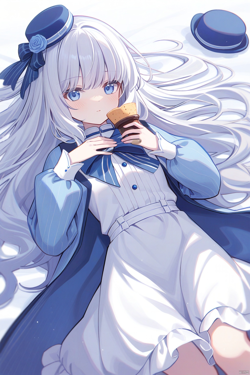 1girl, solo, blue_eyes, long_hair, lying, looking_at_viewer, dress, long_sleeves, on_back, hat, holding, white_hair, white_dress