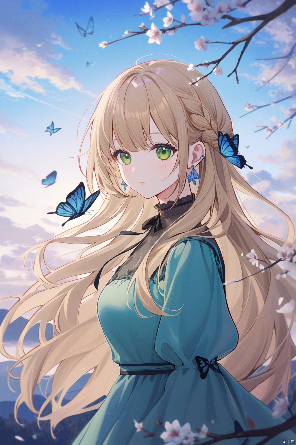1girl, bird, long_hair, solo, butterfly, bug, sky, earrings, looking_at_viewer, nail_polish, braid, blue_butterfly, jewelry, cloud, outdoors, dress, branch, green_eyes, upper_body