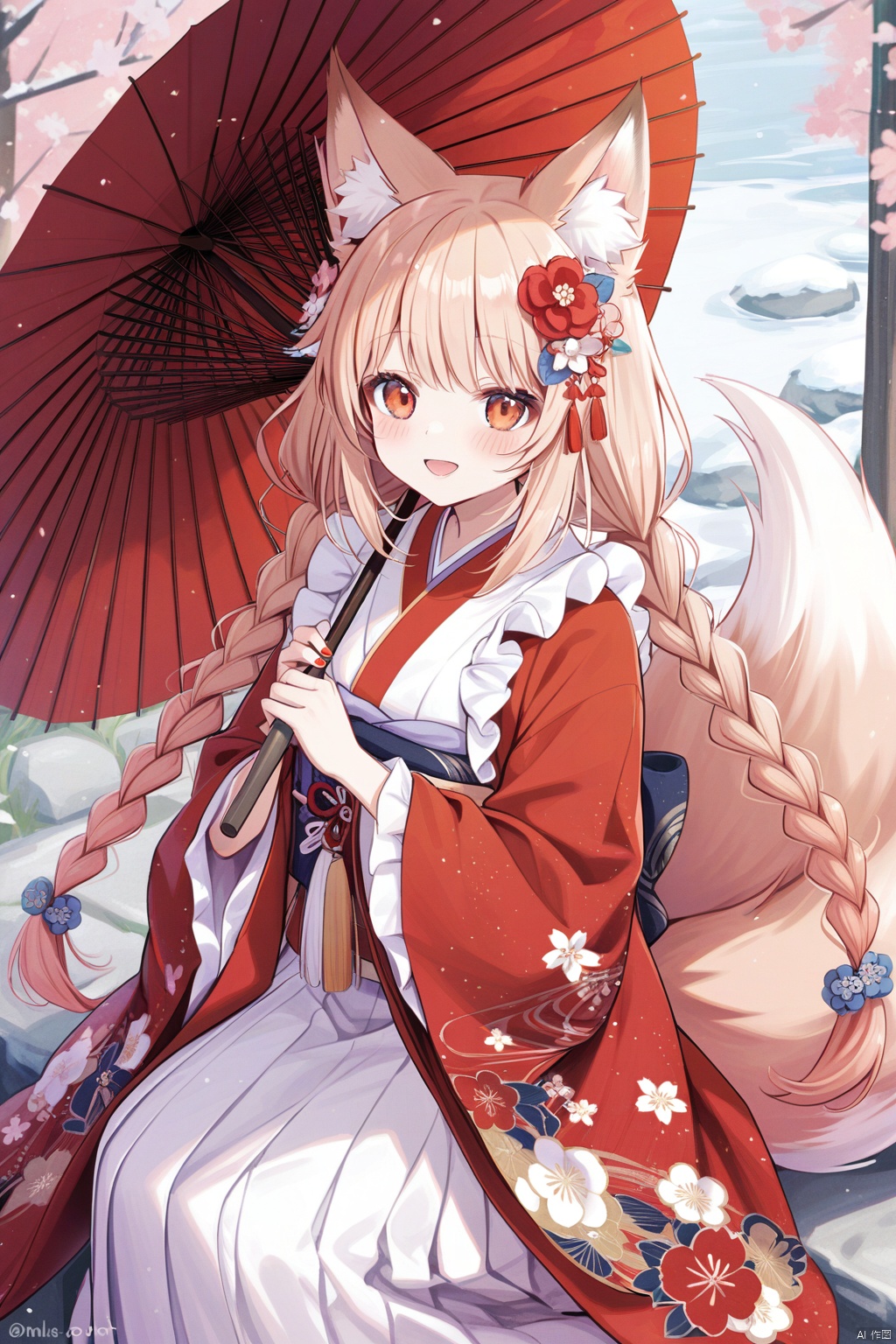 1girl, umbrella, solo, oil-paper umbrella, holding, animal ears, twin braids, braid, holding umbrella, red eyes, flower, kimono, japanese clothes, smile, hair flower, tail, hair ornament, animal ear fluff, long hair, fox tail, fox ears, looking at viewer, long sleeves, wide sleeves, blush, frills, pink kimono, outdoors, twitter username, :d, skirt, red flower, open mouth, floral print, twintails, fox girl, red umbrella