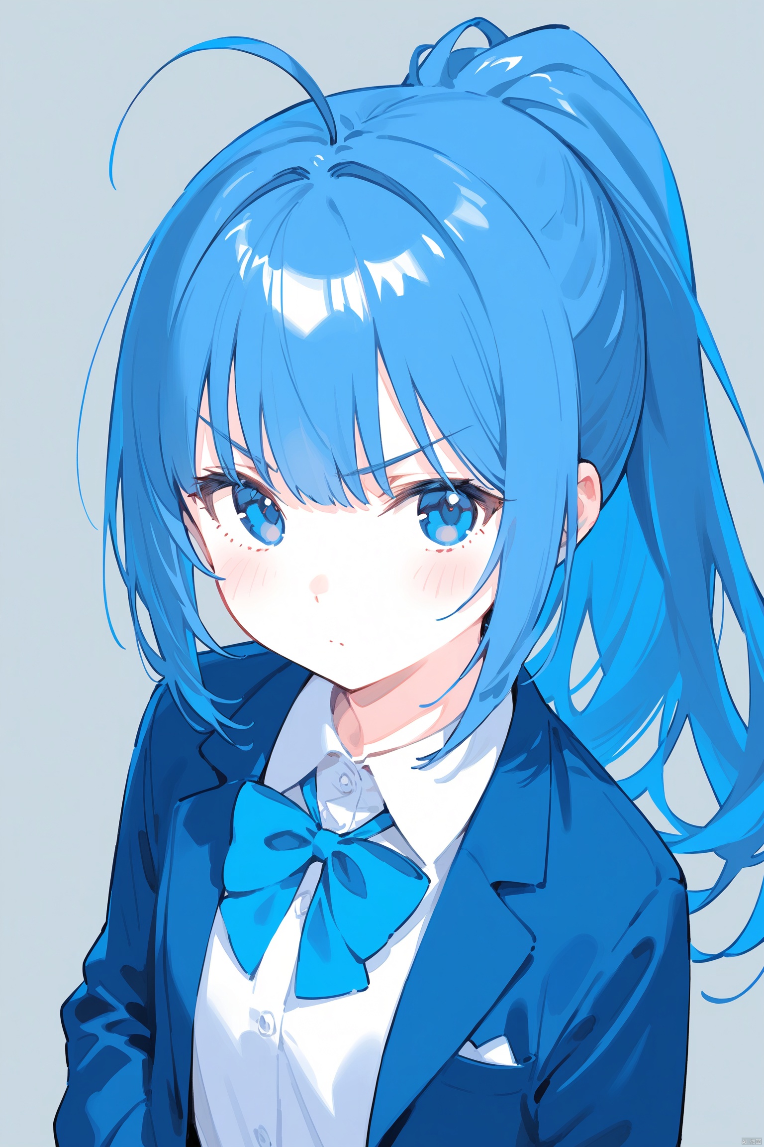 1girl, solo, long hair, looking at viewer, blush, bangs, blue eyes, simple background, shirt, long sleeves, white background, bow, closed mouth, blue hair, jacket, monochrome, upper body, ponytail, ahoge, collared shirt, bowtie, open jacket, v-shaped eyebrows, blue bow, blue jacket, blue theme, hands in pockets