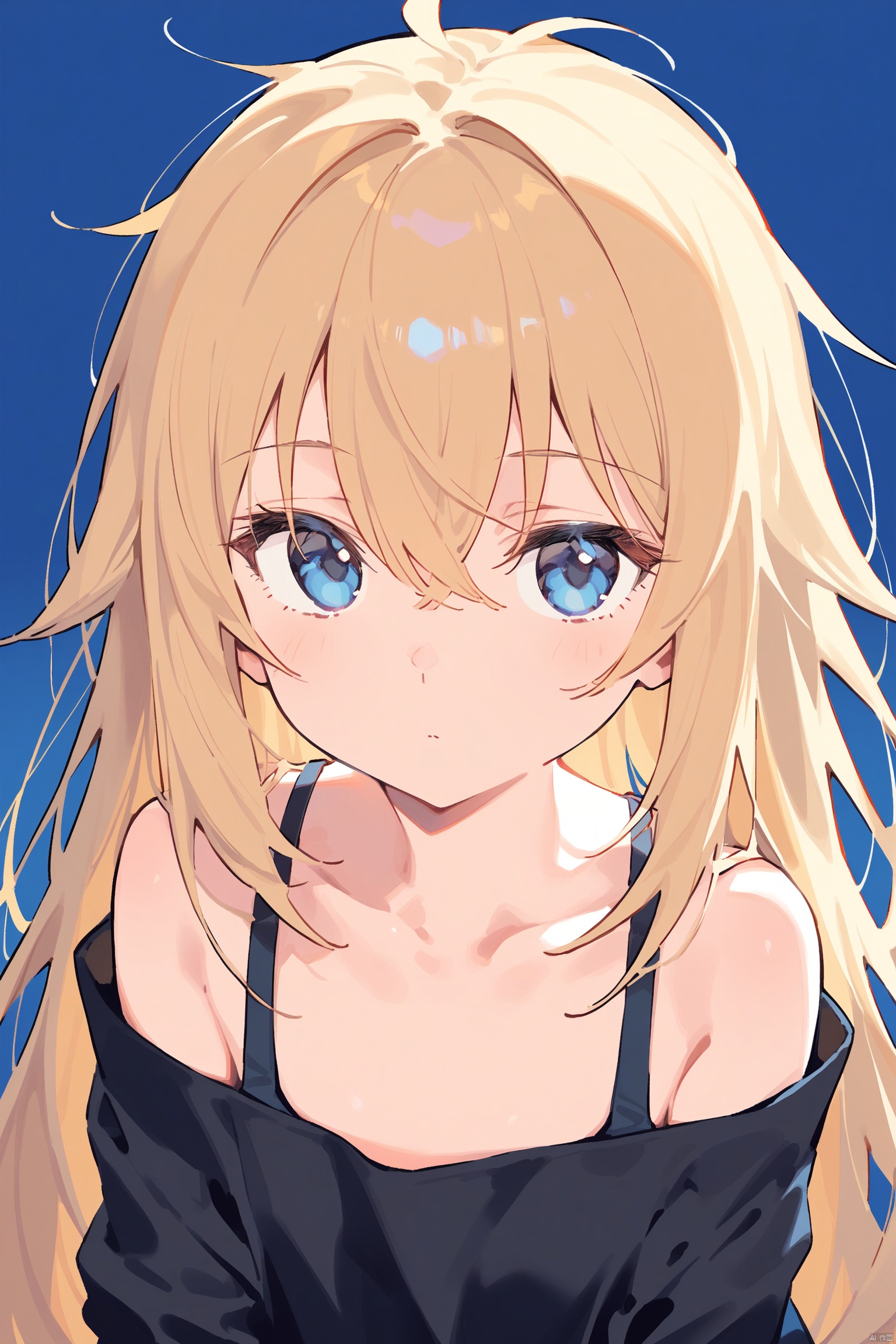 1girl, solo, long_hair, blue_eyes, looking_at_viewer, shirt, upper_body, black_shirt, bangs, collarbone, blonde_hair, long_sleeves, closed_mouth, messy_hair, hair_between_eyes, bare_shoulders, off_shoulder