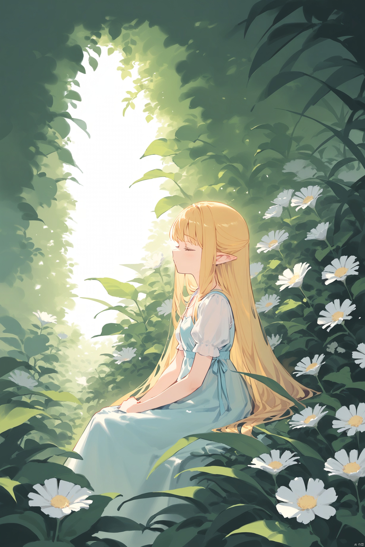 1girl, closed_eyes, dress, flower, long_hair, plant, pointy_ears, ribbon,