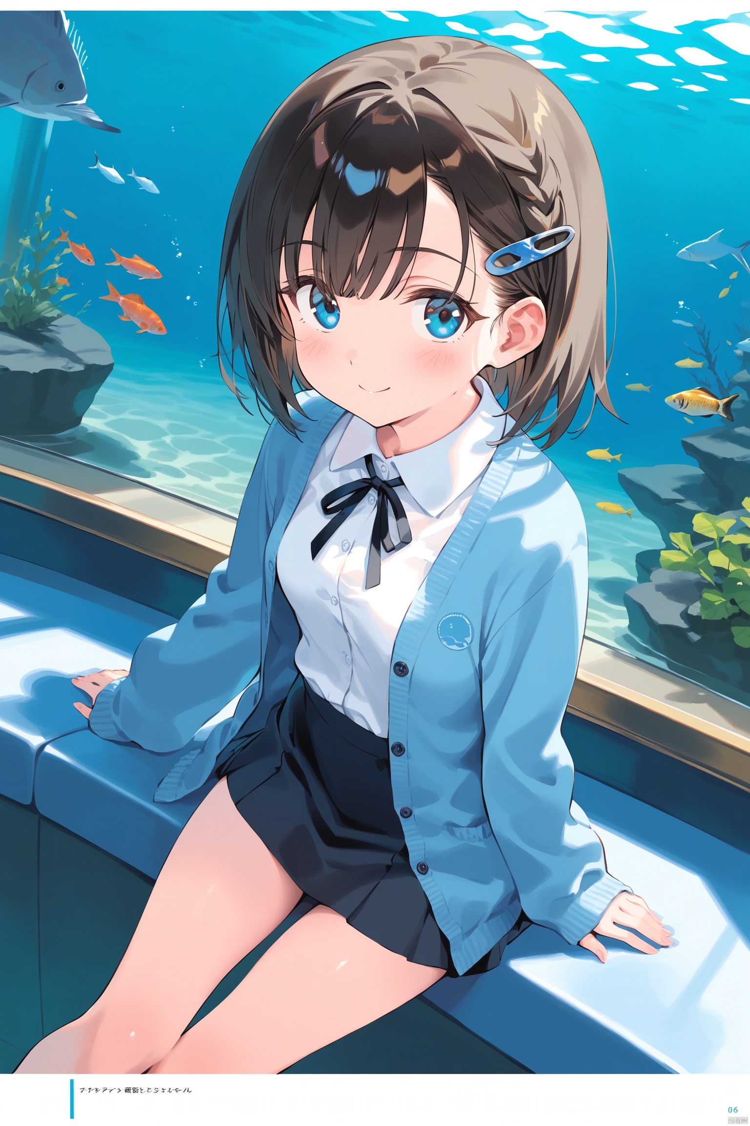 1girl, aquarium, skirt, solo, hair_ornament, looking_at_viewer, bangs, breasts, blush, smile, closed_mouth, shirt, long_sleeves, medium_breasts, blue_cardigan, dutch_angle, buttons, black_hair, blue_eyes, page_number, brown_hair, fish, water, cardigan, short_hair, shiny_hair, ribbon, shiny, open_clothes, braid, multicolored_hair, sleeves_past_wrists, hairclip, jacket, frills, hair_ribbon, white_shirt,