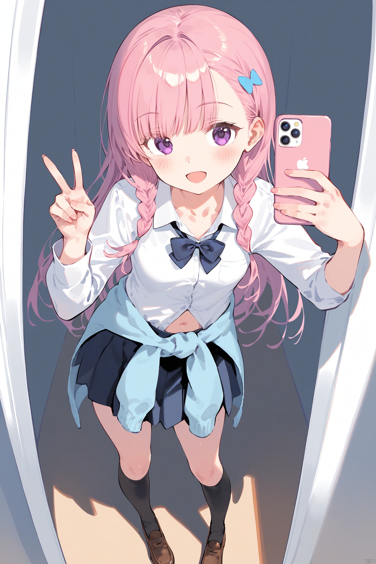 1girl, :d, bangs, black_legwear, black_skirt, blush, bow, braid, breasts, brown_footwear, cardigan, cardigan_around_waist, cellphone, clothes_around_waist, collarbone, double_v, eyebrows_visible_through_hair, full_body, hair_ornament, holding, holding_phone, kneehighs, loafers, long_hair, long_sleeves, looking_at_phone, looking_at_viewer, medium_breasts, navel, open_mouth, phone, pink_hair, pleated_skirt, purple_eyes, school_uniform, selfie, shirt, shoes, simple_background, skirt, smartphone, smile, solo, standing, sweater_around_waist, taking_picture, v, white_background, white_shirt