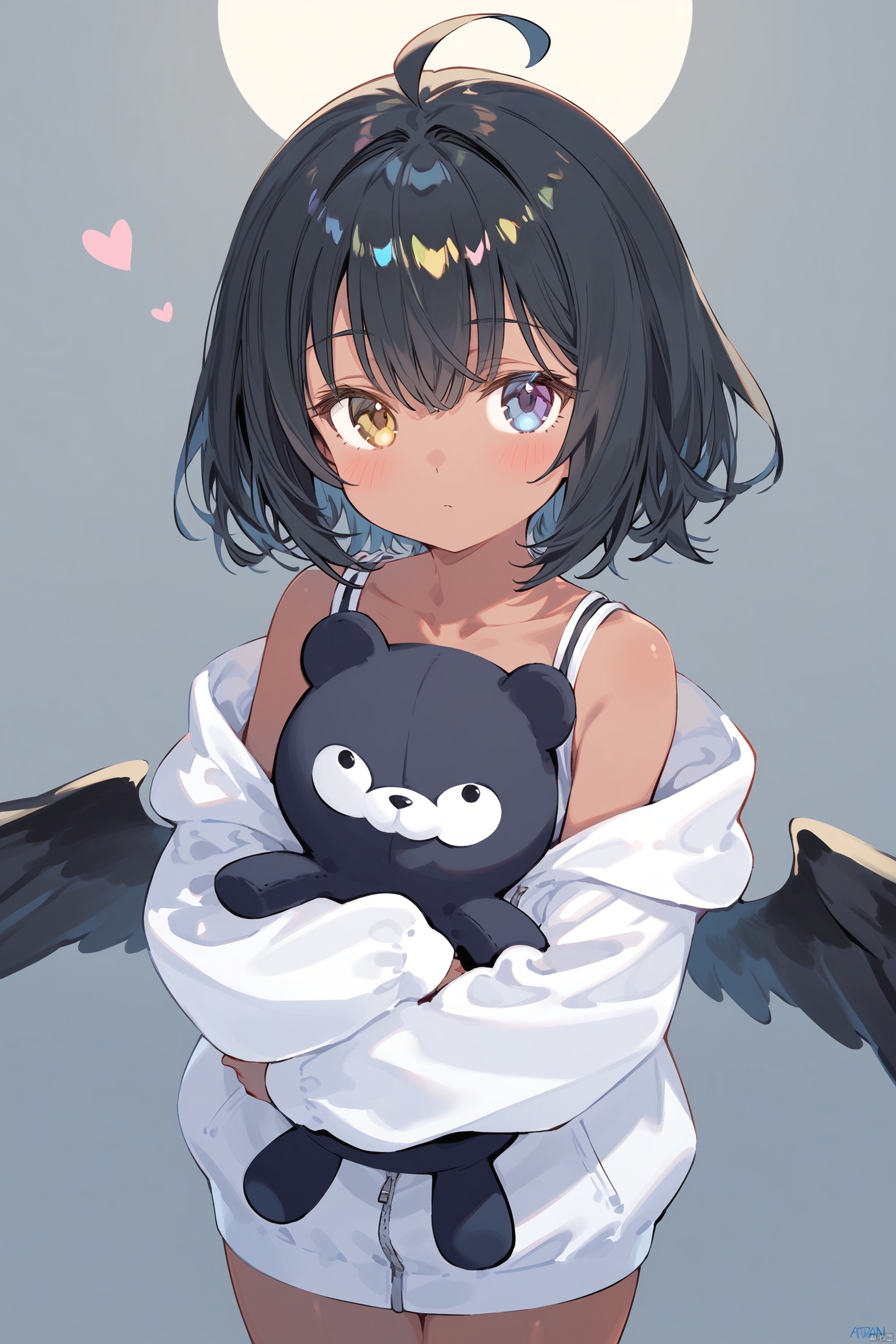 best quality, amazing quality, very aesthetic,petite,loli,1girl, heterochromia, solo, sleeves_past_wrists, blue_eyes, black_wings, heart, collarbone, wings, hair_between_eyes, stuffed_toy, object_hug, jacket, looking_at_viewer, bangs, feathered_wings, sleeves_past_fingers, stuffed_animal, closed_mouth, off_shoulder, bare_shoulders, long_sleeves, yellow_eyes, signature, ahoge, white_jacket, dark-skinned_female, holding, moon, cowboy_shot, blush, short_hair, grey_background, dark_skin, gradient, sleeveless, hood, gradient_background