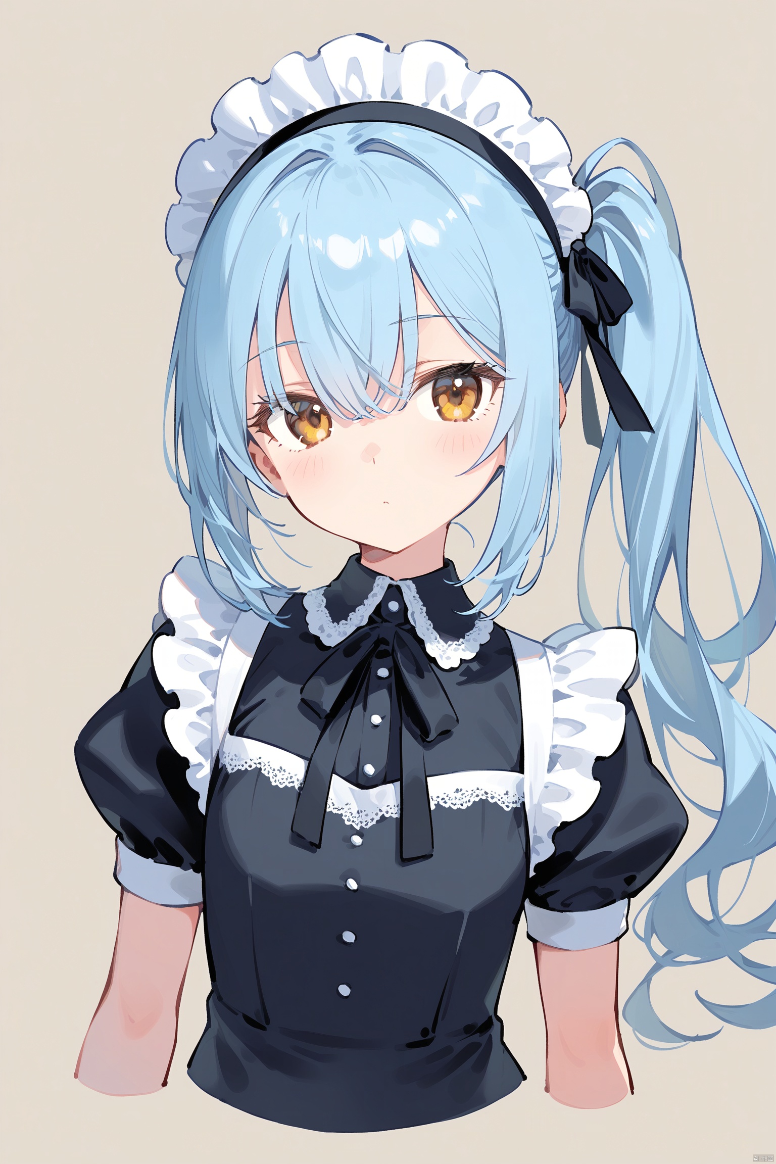 1girl, bangs, black_dress, blue_hair, cropped_torso, dress, eyebrows_visible_through_hair, gloves, hair_between_eyes, lace, lace_trim, lolita_fashion, long_hair, looking_at_viewer, maid_headdress, nail_polish, ring, short_sleeves, side_ponytail, simple_background, solo, upper_body, wavy_hair, white_background, yellow_eyes