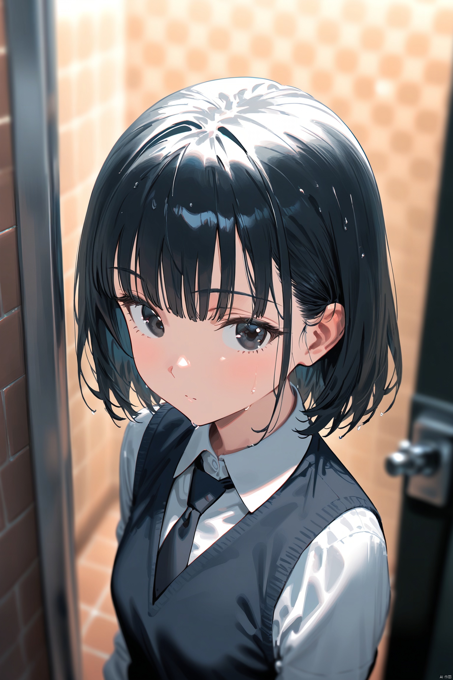 1girl, solo, best quality, detailed, blurry background, 1girl, solo, impasto, oil painting, best quality, portrait, honeycomb background, blurry background, upper body, looking at viewer, black eyes, black hair, short hair, bangs, collared shirt, white shirt, school uniform, black vest, black necktie, tile wall, indoors, bathroom, tile floor, chain-link fence, brick wall, stone wall, honeycomb \(pattern\), shower \(place\), brick floor, depth of field, stone floor, ceiling, wet, pavement , blurry foreground, motion blur, focused, photo \(medium\), bokeh, glowstick, chromatic aberration, blur censor, film grain,