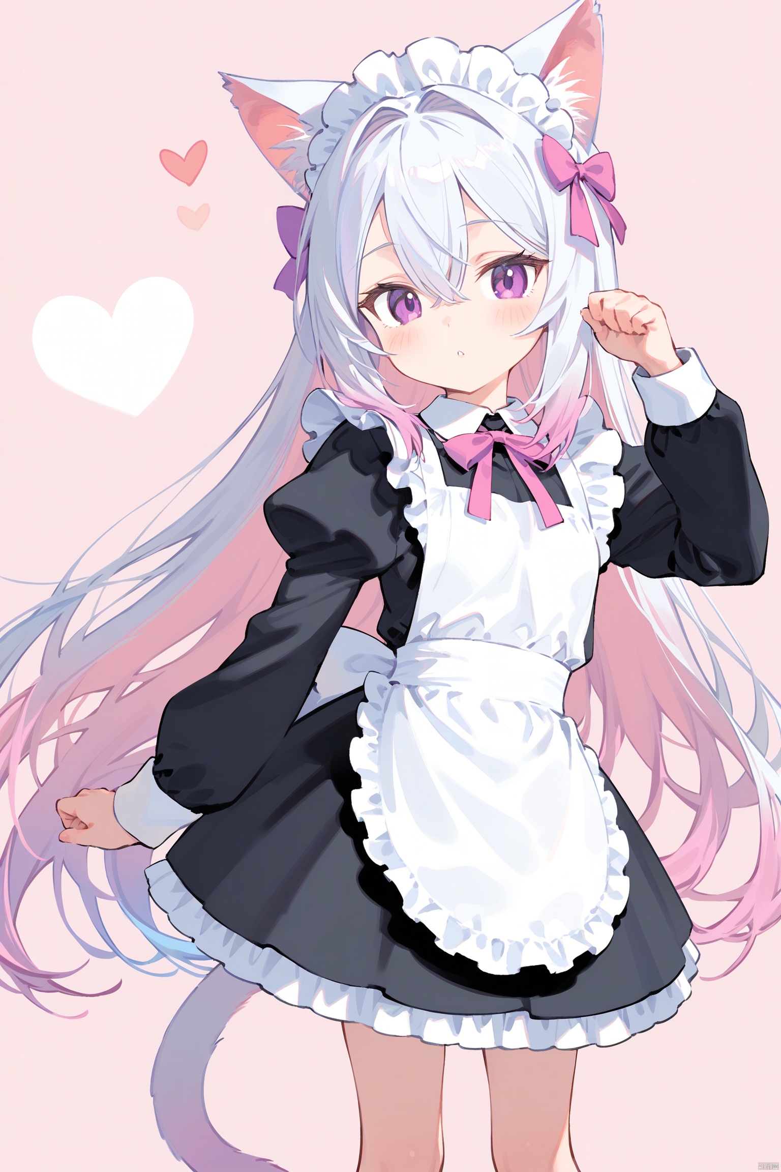 1girl, solo, long hair, breasts, looking at viewer, blush, bangs, simple background, long sleeves, white background, dress, bow, animal ears, hair between eyes, very long hair, standing, purple eyes, pink hair, white hair, hair bow, heart, multicolored hair, frills, parted lips, puffy sleeves, cat ears, hand up, apron, black dress, animal ear fluff, maid, maid headdress, gradient hair, feet out of frame, cat girl, pink bow, white apron, two-tone background, maid apron, frilled apron
