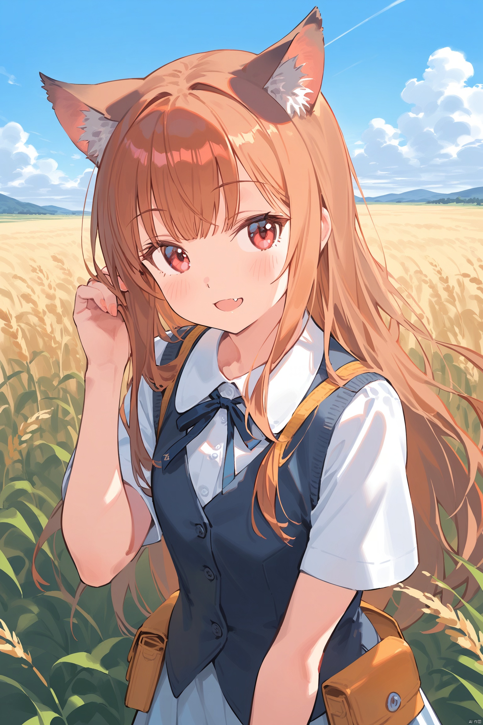 1girl, holo, animal_ears, long_hair, solo, brown_hair, wolf_ears, outdoors, sky, red_eyes, letterboxed, field, wheat, fang, looking_at_viewer, wolf_girl, cloud, day, smile, hand_in_own_hair, vest, blue_sky, shirt, blush, pouch