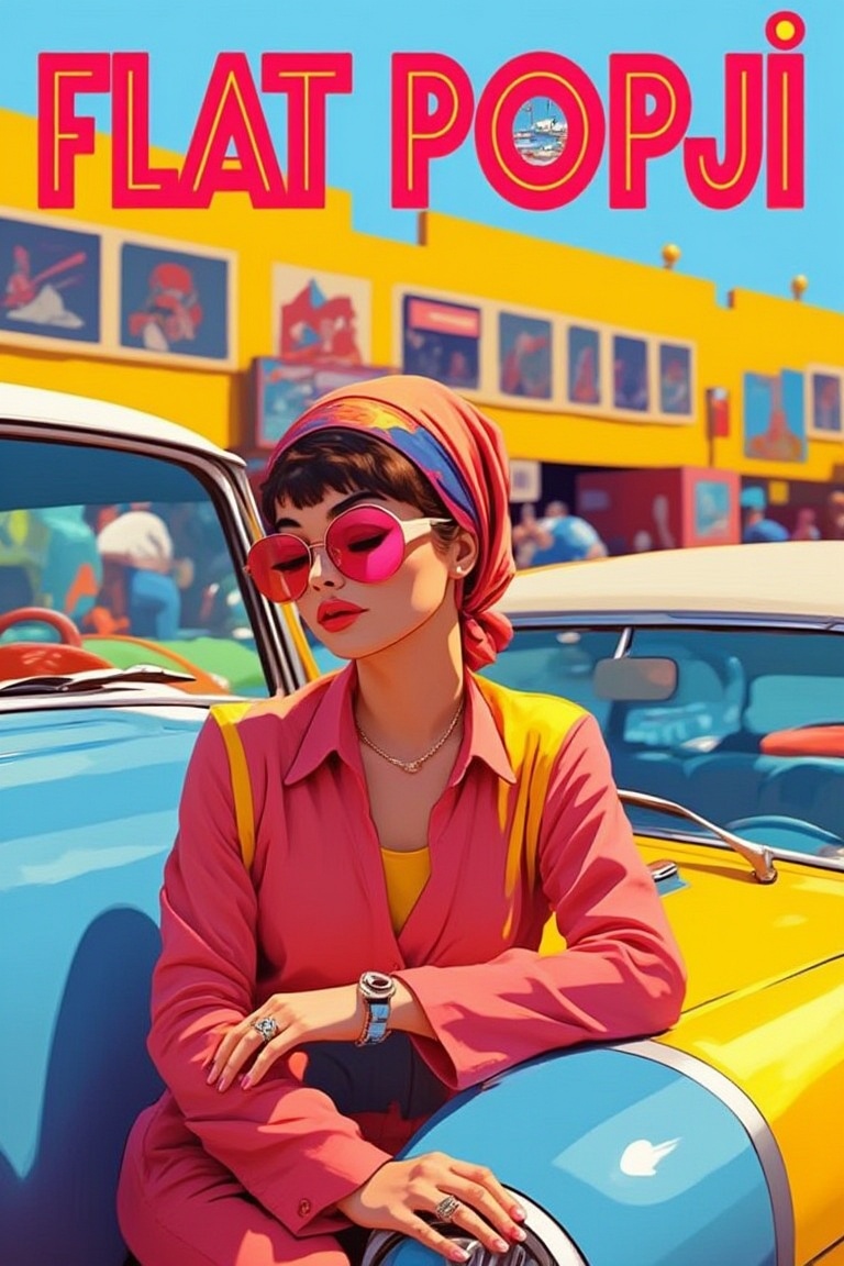 A close-up of a pinup model leaning on a classic car at a retro car show. Her outfit is bright and eye-catching,  with a h...