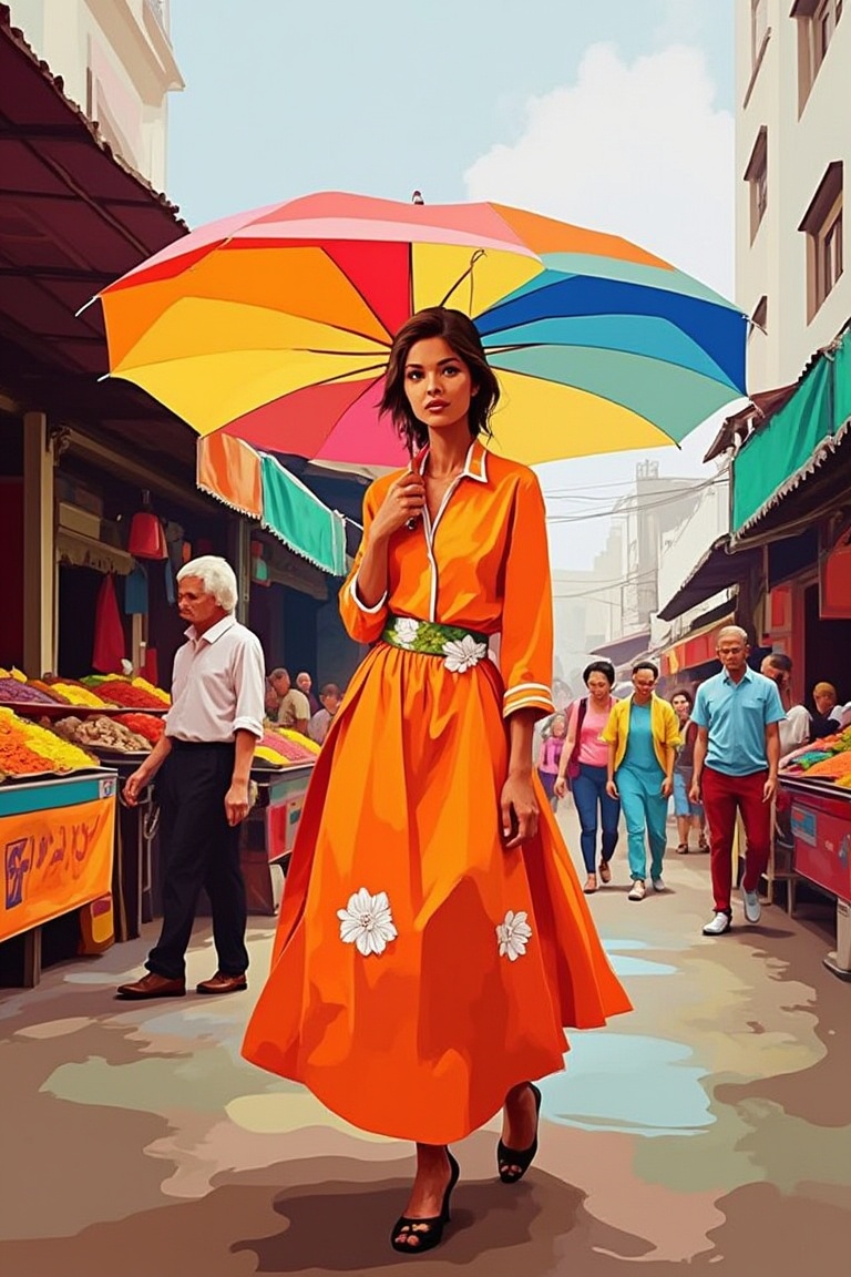 A vibrant portrait of a young woman wears a bright orange dress with white flowers,  amidst a bustling street scene: vendo...