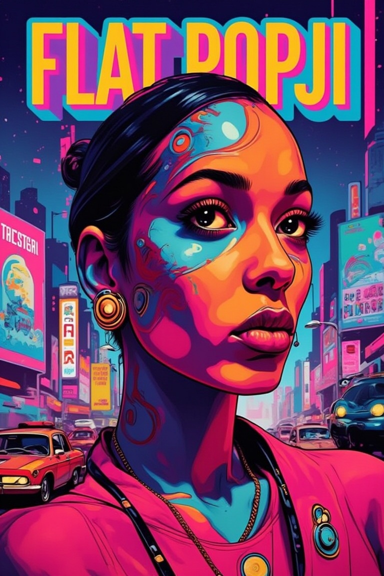 A vibrant close-up of a pinup model showcasing cybernetic enhancements like glowing tattoos,  augmented eyes,  and high-te...