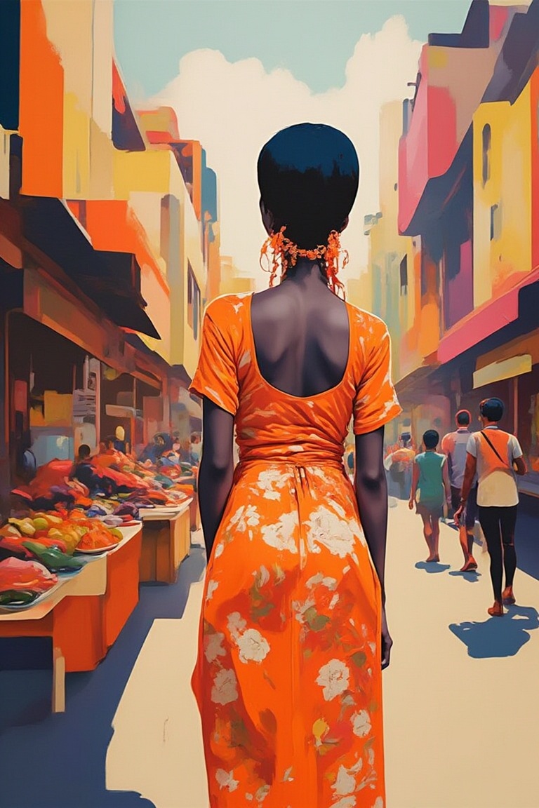 A vibrant young woman wears a bright orange dress with white flowers,  amidst a bustling street scene: vendors selling exo...